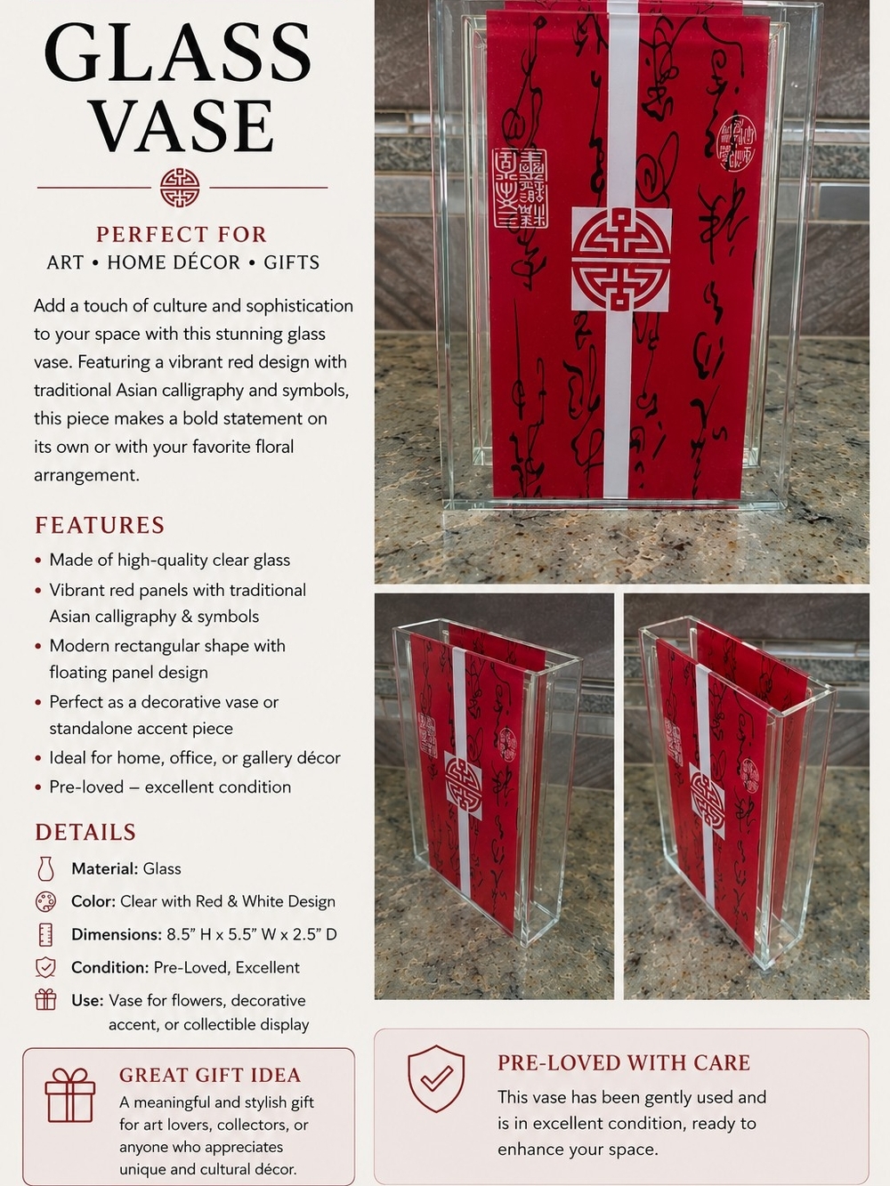 Clear Glass Rectangular Vase with Red & White Asian Panel